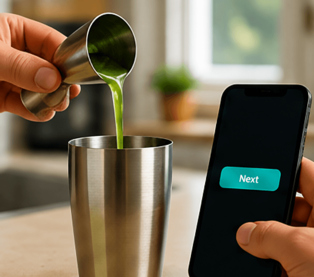 Measured ingredient being poured while the app shows Next
