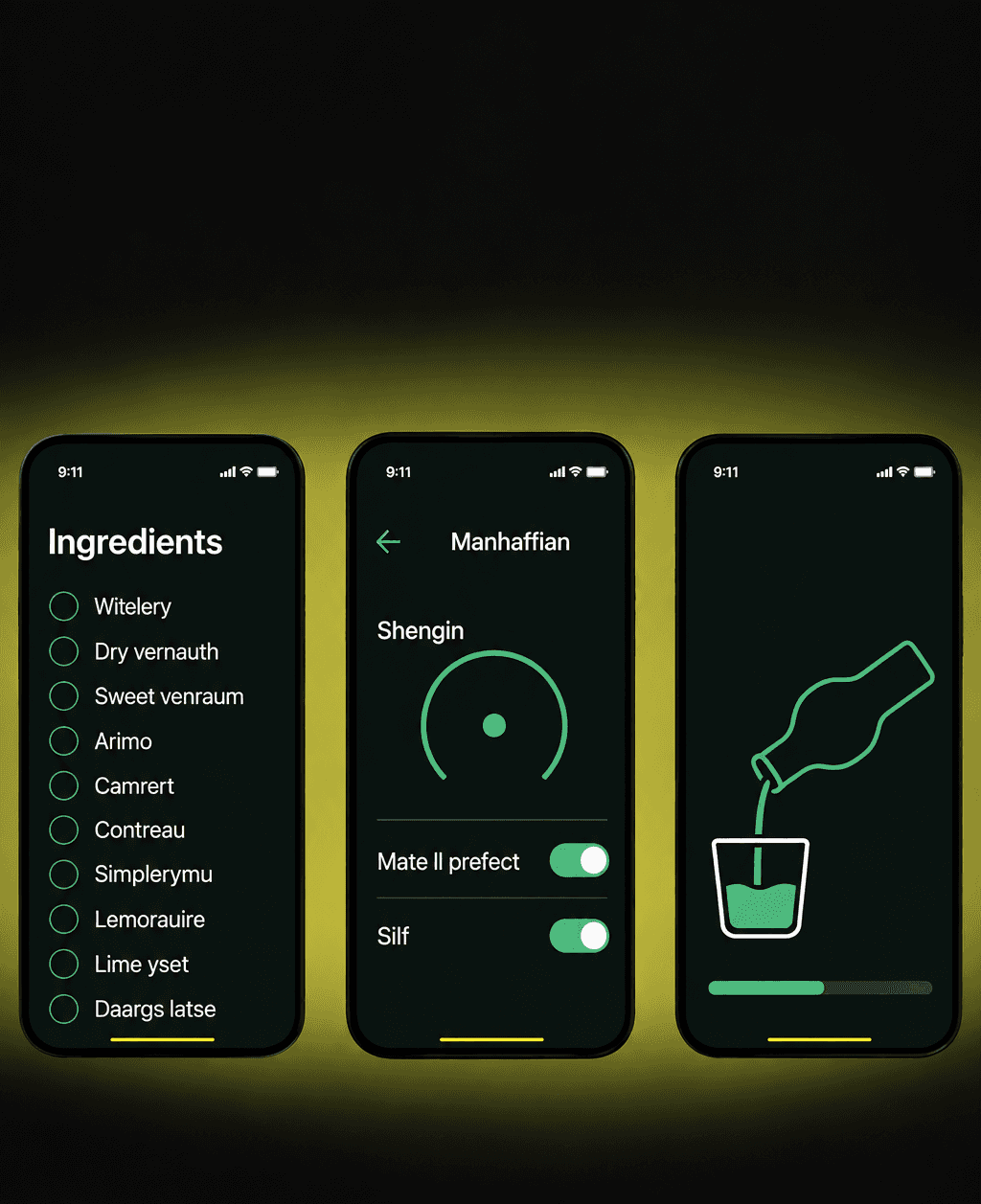 Bartifier app screens used during a guided drink-making process