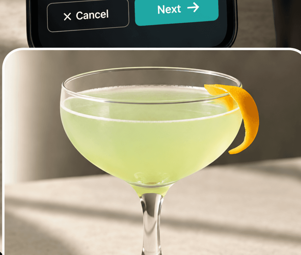 Bartifier app instruction beside a finished pale green cocktail