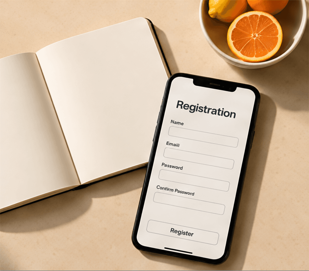 Phone displaying Bartifier registration beside a notebook and drink