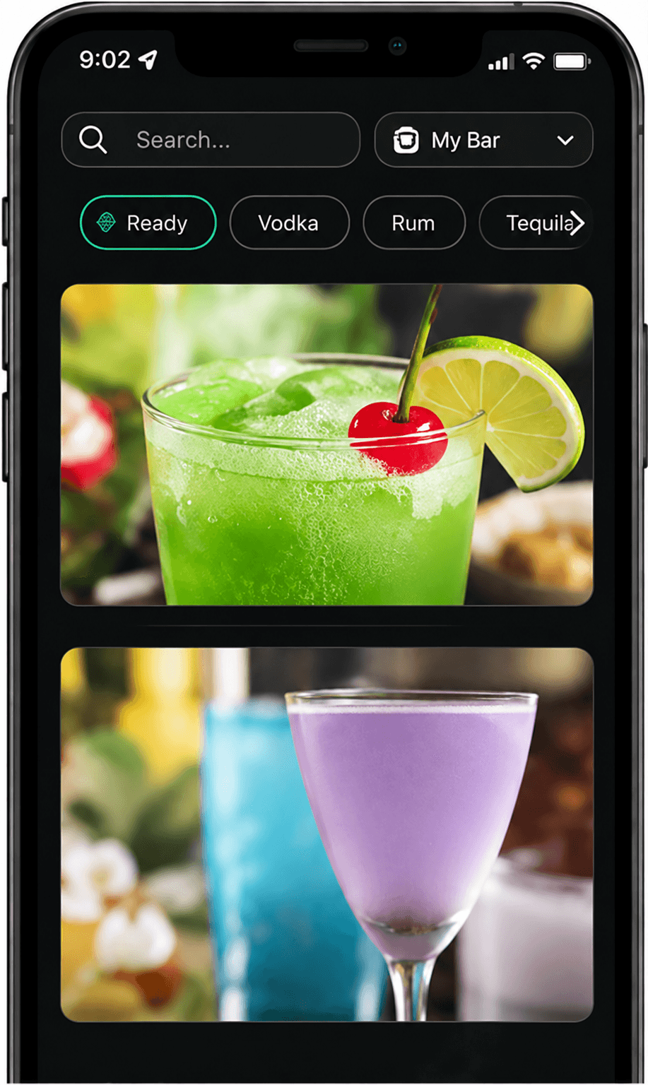 Bartifier app showing cocktails that match entered ingredients