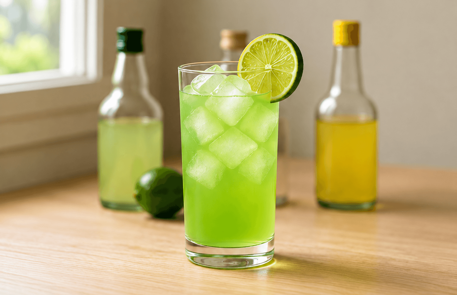 Tall green cocktail with lime on a home counter