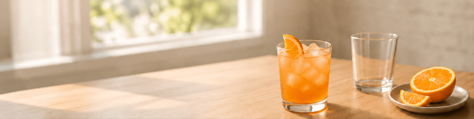 A finished orange cocktail beside a glass and fresh orange