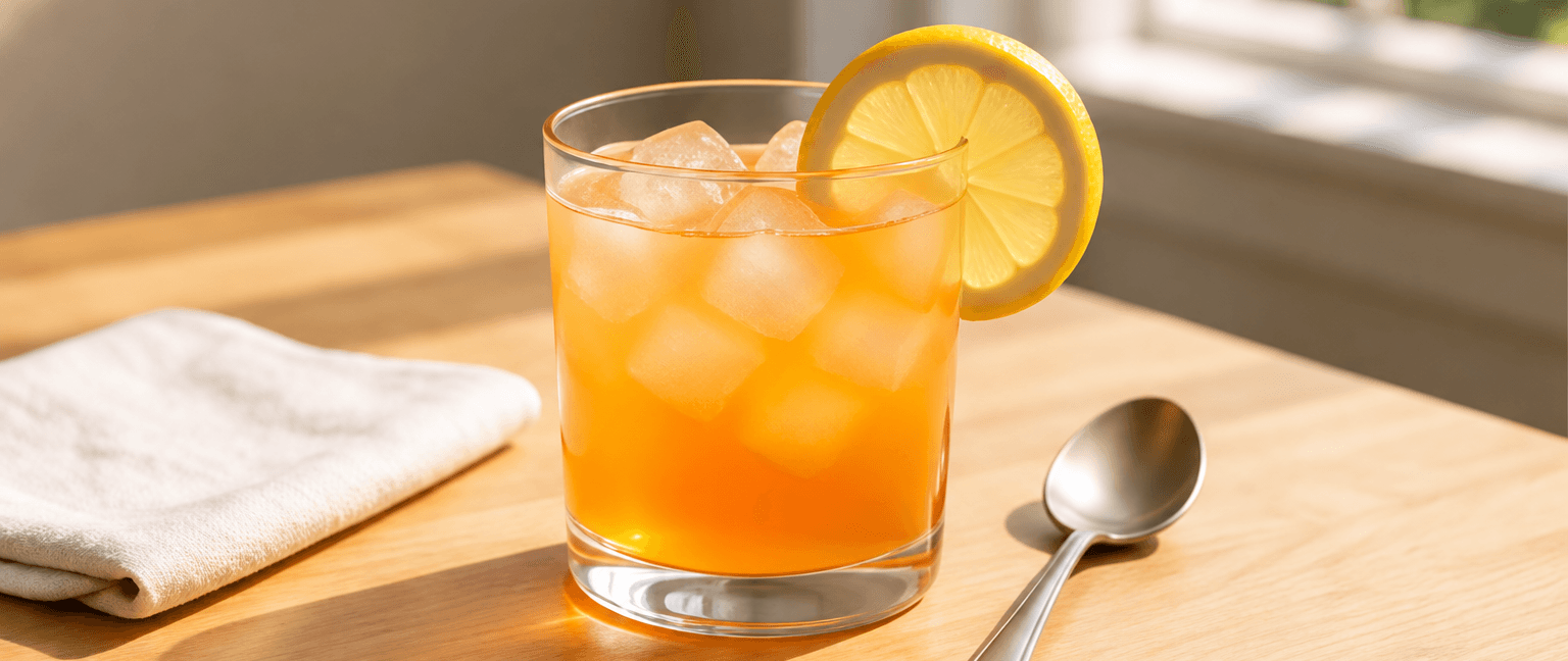An orange drink with ice and a citrus garnish
