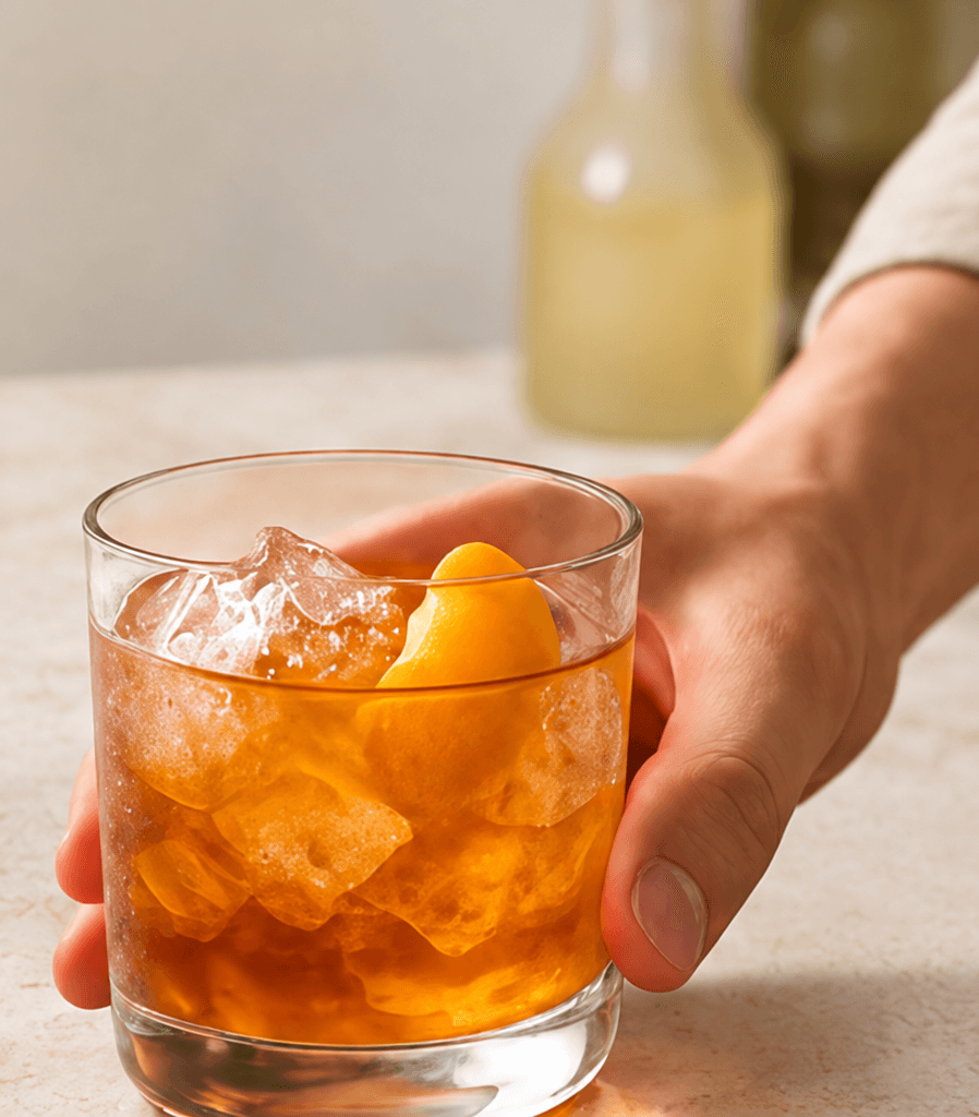 A finished orange cocktail being served