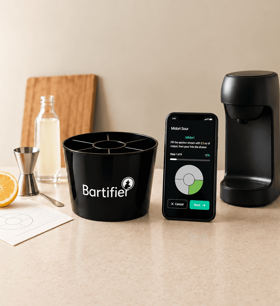 Bartifier, its guided app and a cocktail machine on a countertop