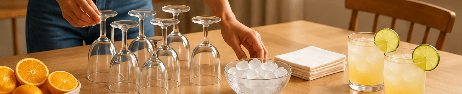 Glasses, citrus, ice and finished drinks prepared for guests