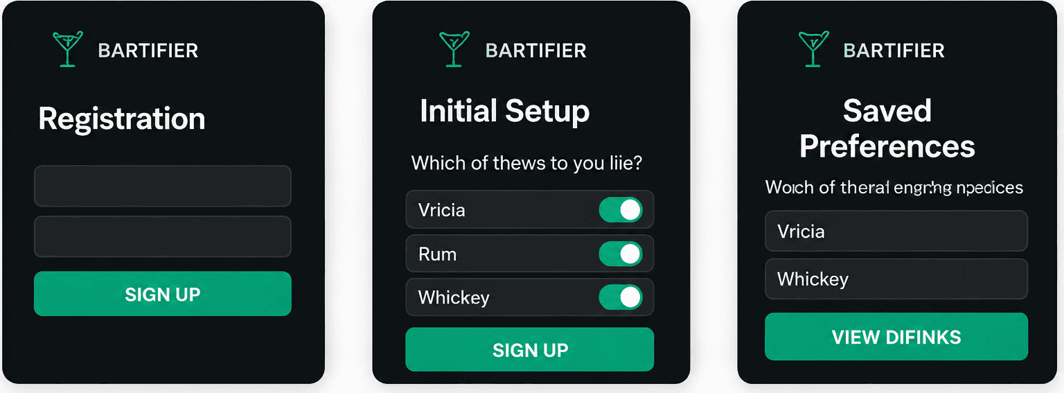 Bartifier registration, initial setup and saved-preferences screens
