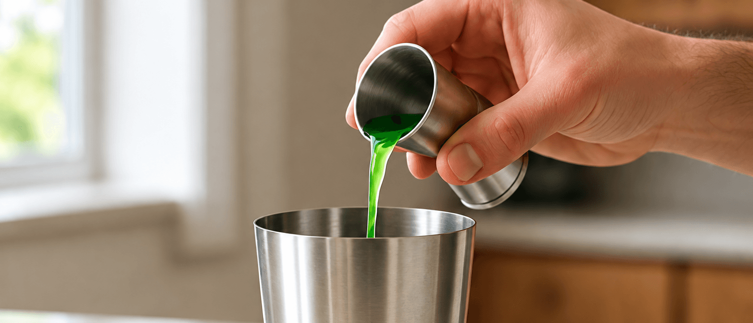 A measured green ingredient being poured into a shaker