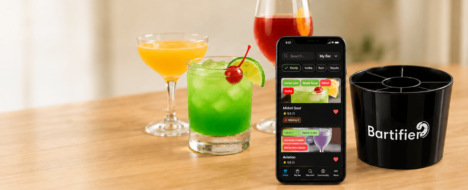 Bartifier, its mobile app and three colorful cocktails on a home bar