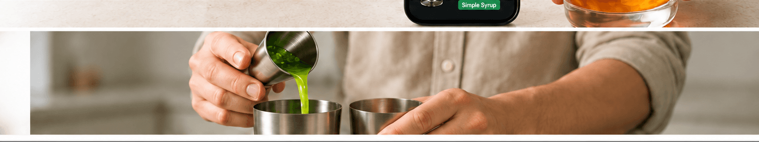 A green cocktail ingredient being measured and poured