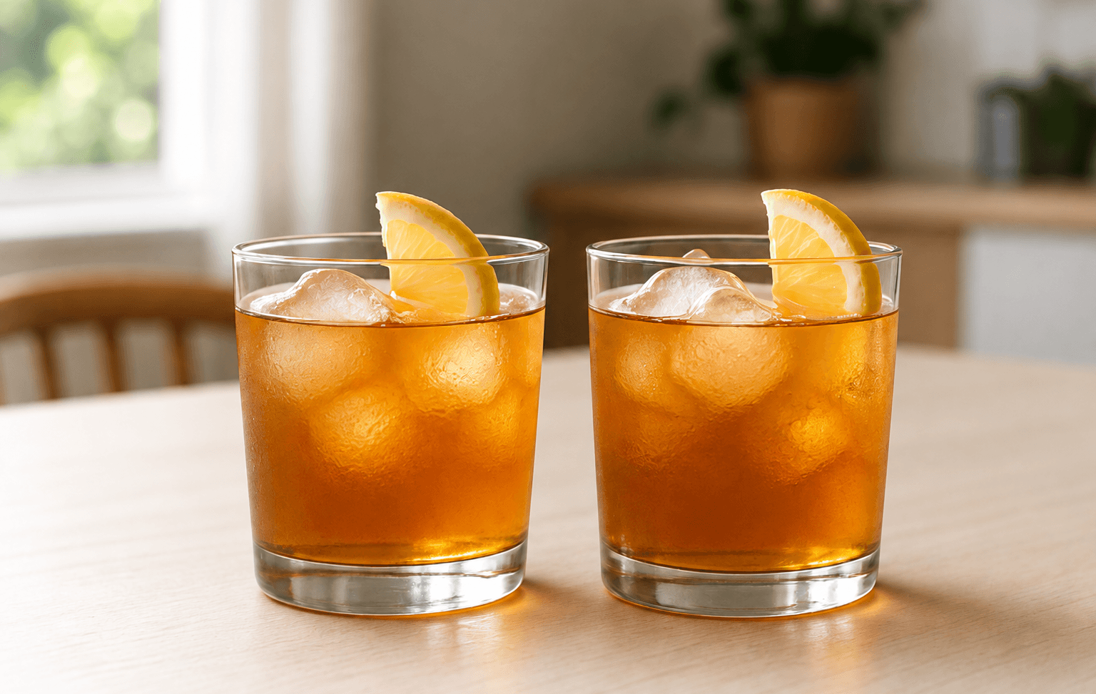 Two matching amber drinks prepared with orange garnishes