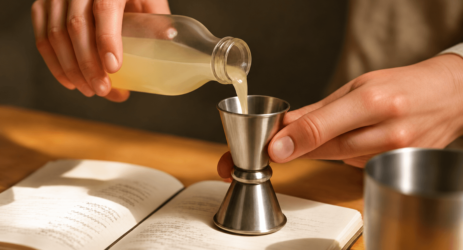 A cocktail measure being filled by hand
