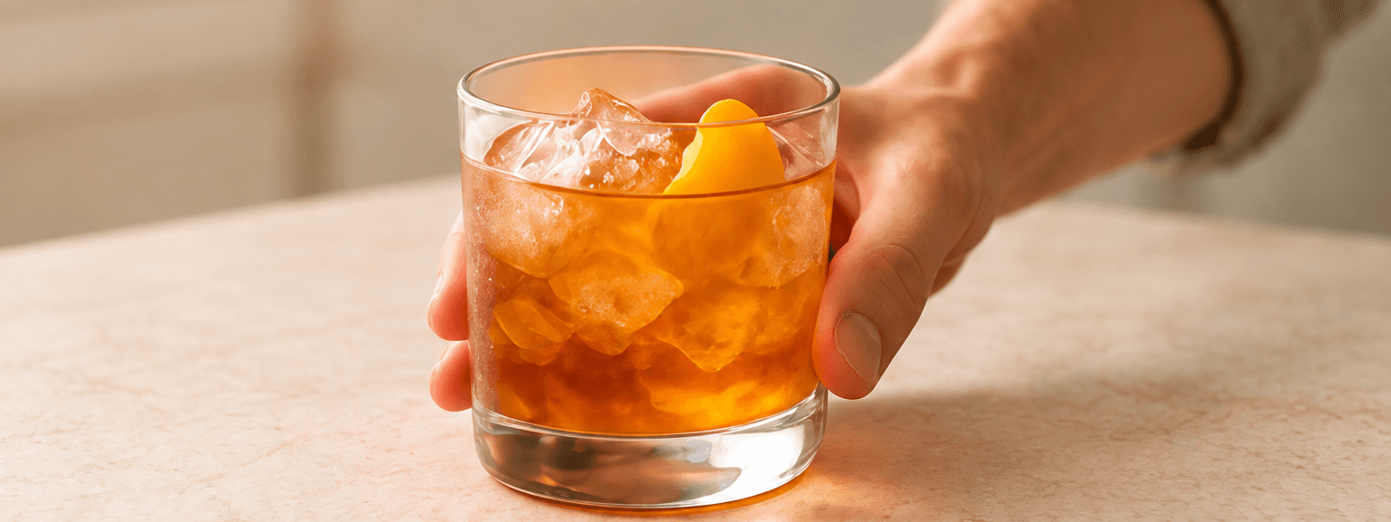 A finished orange cocktail on a home counter