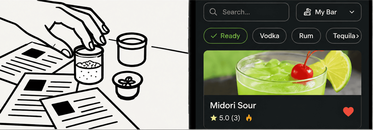 Manual recipe search and Bartifier ingredient selection compared