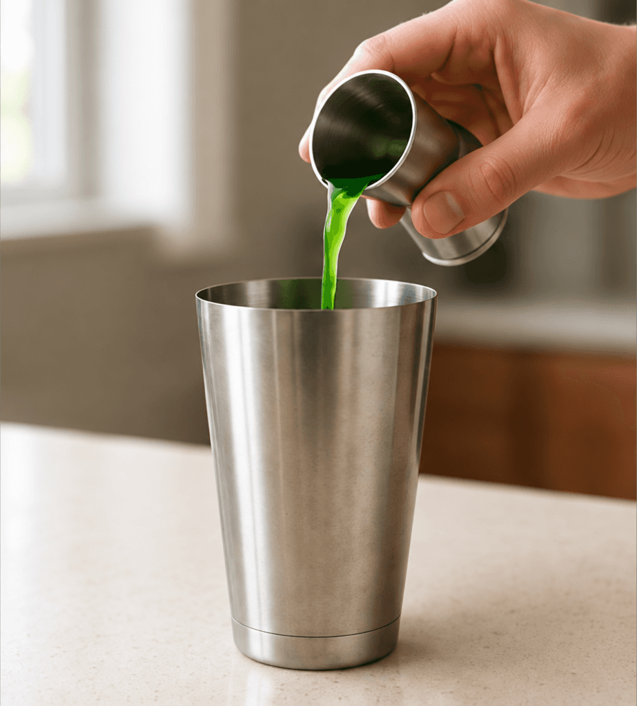 The measured green ingredient being poured into a shaker