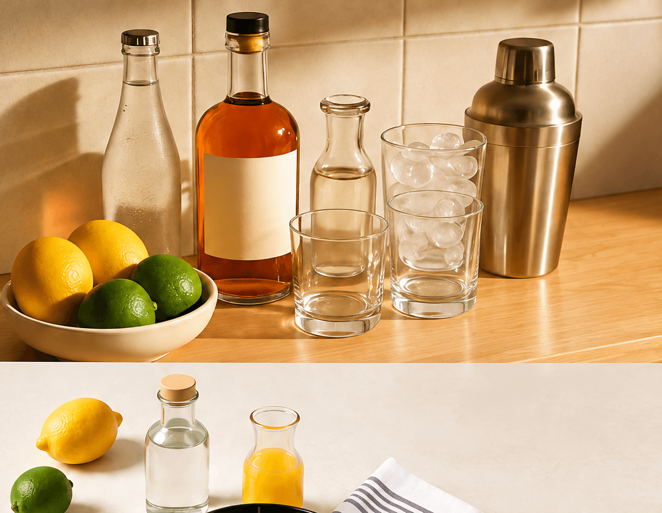Starter bottles, fruit, glassware and cocktail tools
