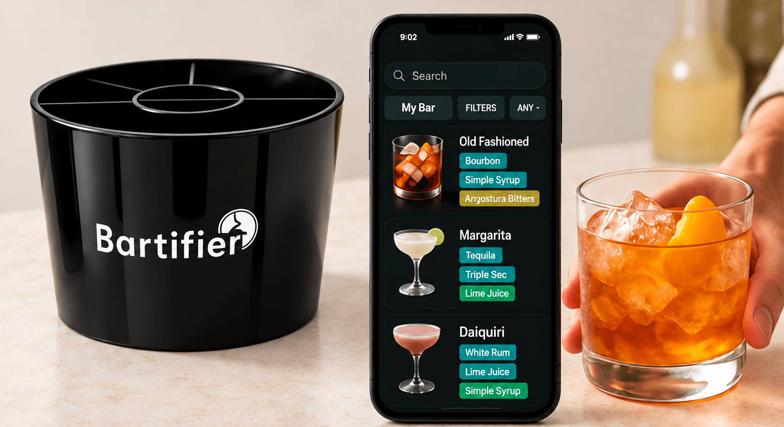 Bartifier measuring caddy, app and finished cocktail