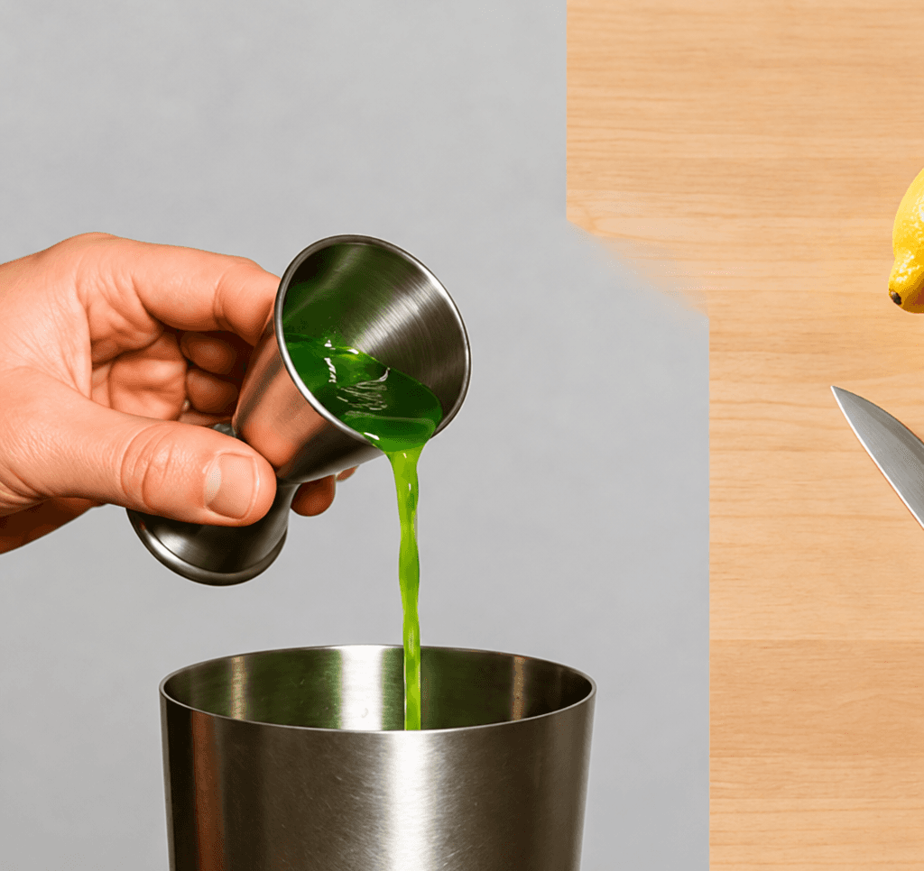A bright green measure being poured into a metal mixing container