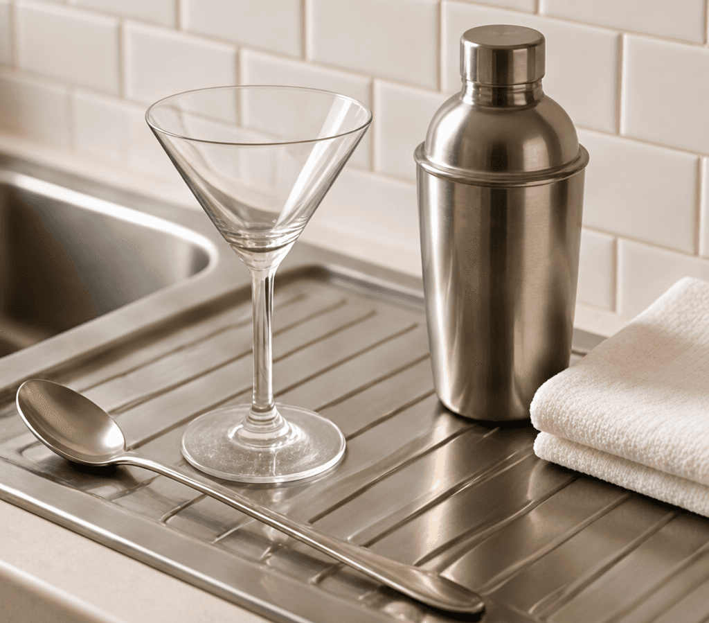 Clean glassware and cocktail equipment beside a sink