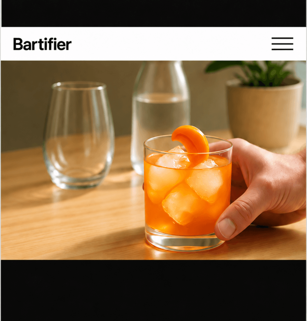 A hand placing an orange cocktail on a wooden counter