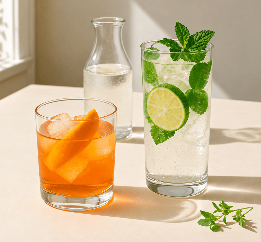 An orange cocktail and a clear mint and lime drink on a sunlit table