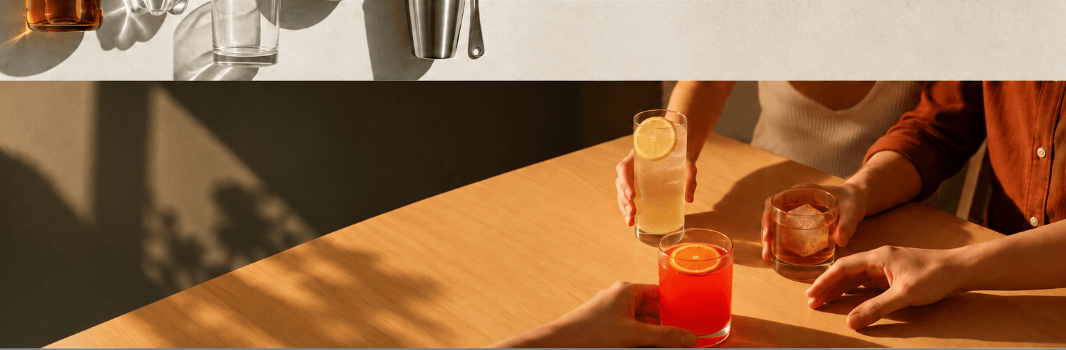 Friends sharing colorful drinks around a warmly lit table