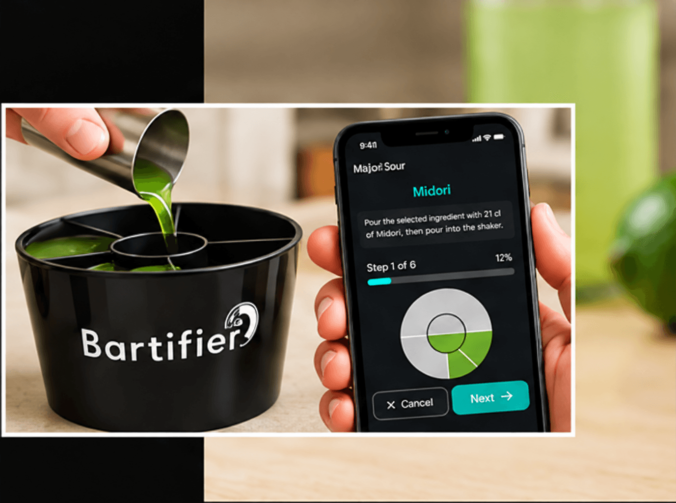 Bartifier and phone showing a guided pour