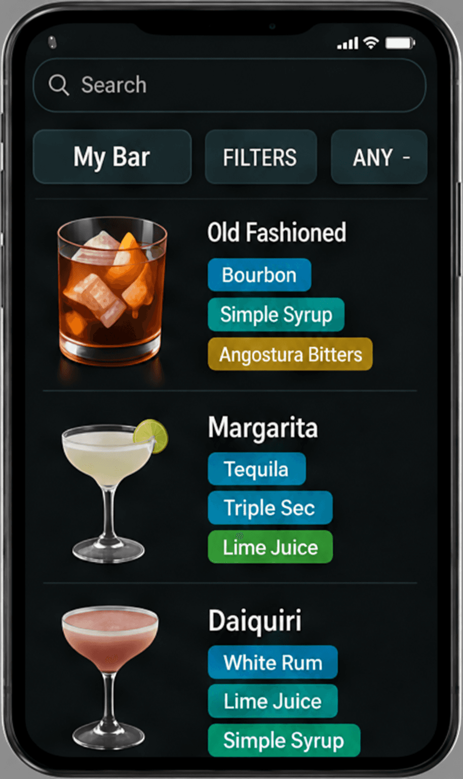 Bartifier app ingredient-selection screen