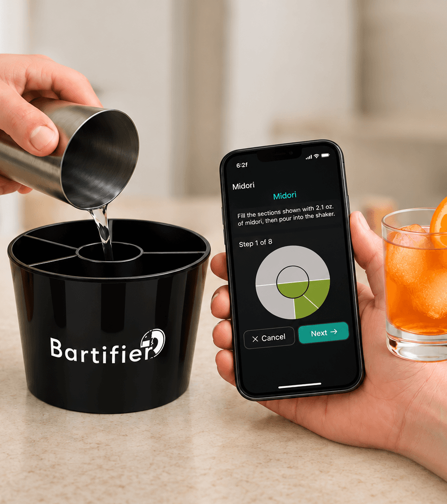 Bartifier device beside a phone showing a guided cocktail step and a finished orange drink
