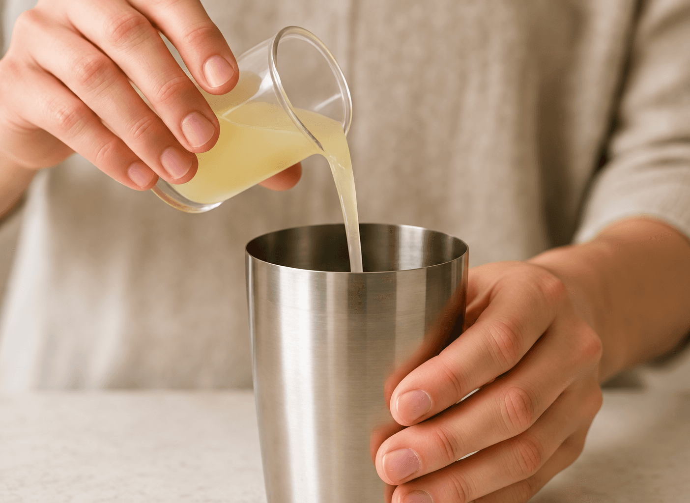 An ingredient being measured into a metal cocktail container