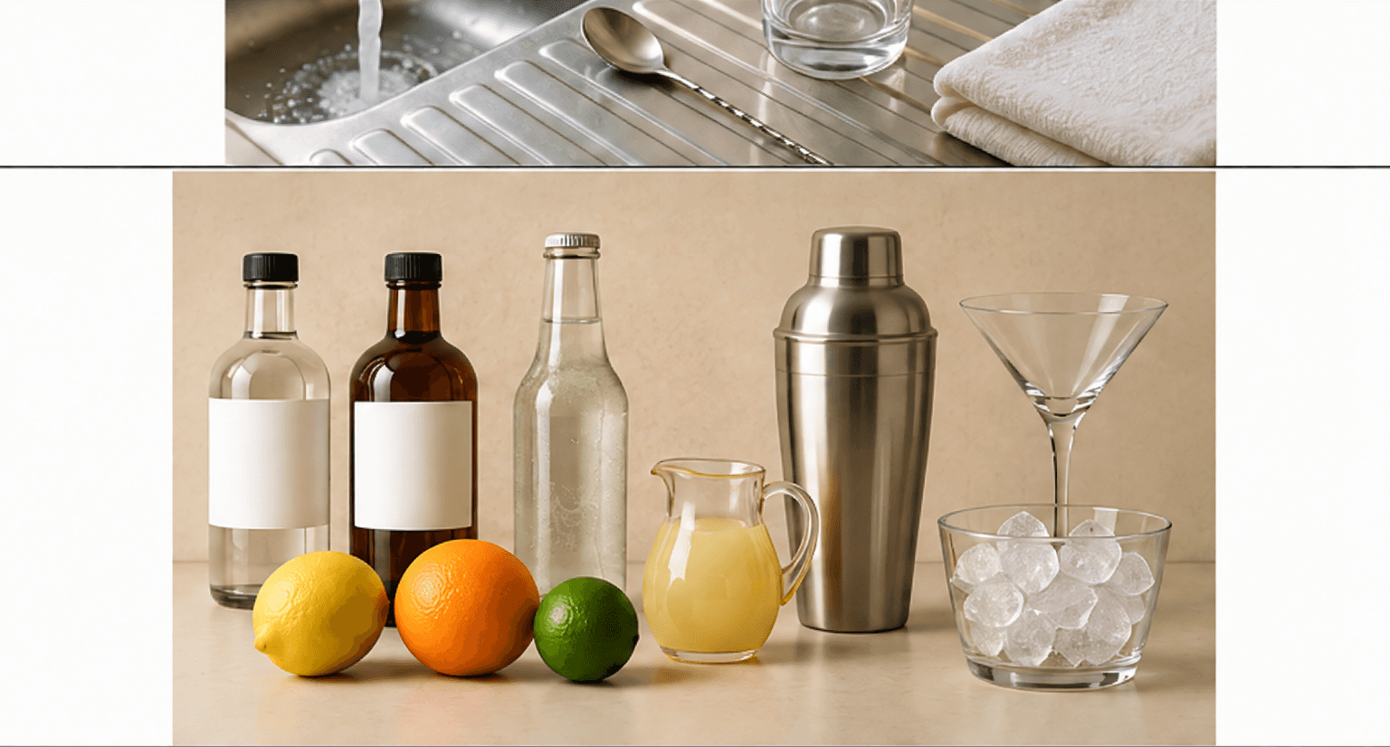 Bottles, citrus, juice, shaker, martini glass and ice prepared for a first drink