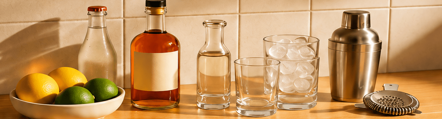 Bottles, citrus, glasses and cocktail supplies arranged on a kitchen counter
