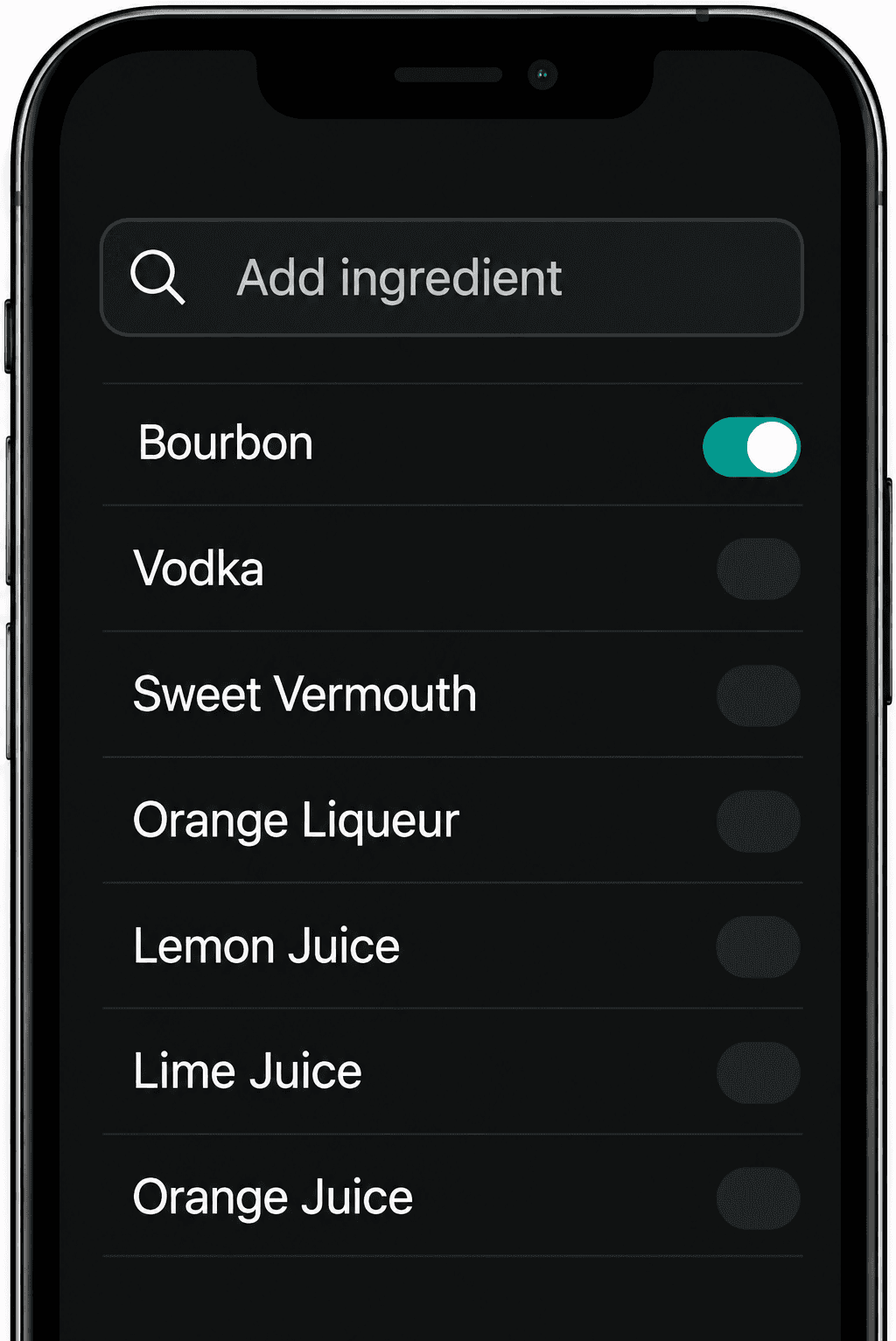 Saved ingredient list in the Bartifier app