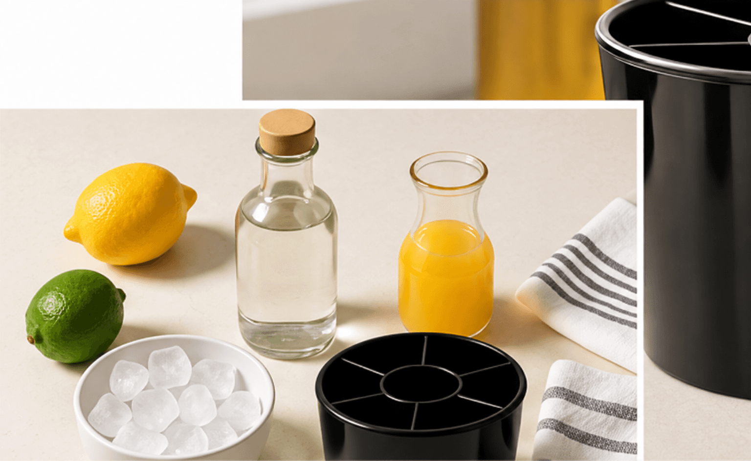Lemon, lime, ice, mixers and Bartifier grouped on a counter