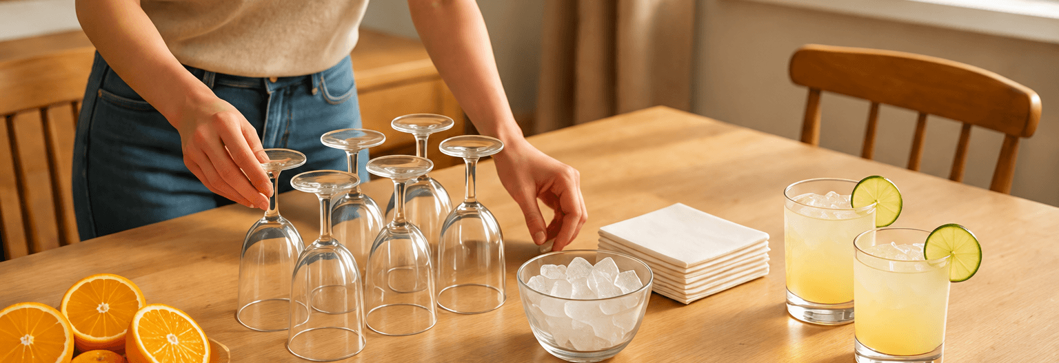 Glasses, citrus, ice and finished drinks prepared for guests