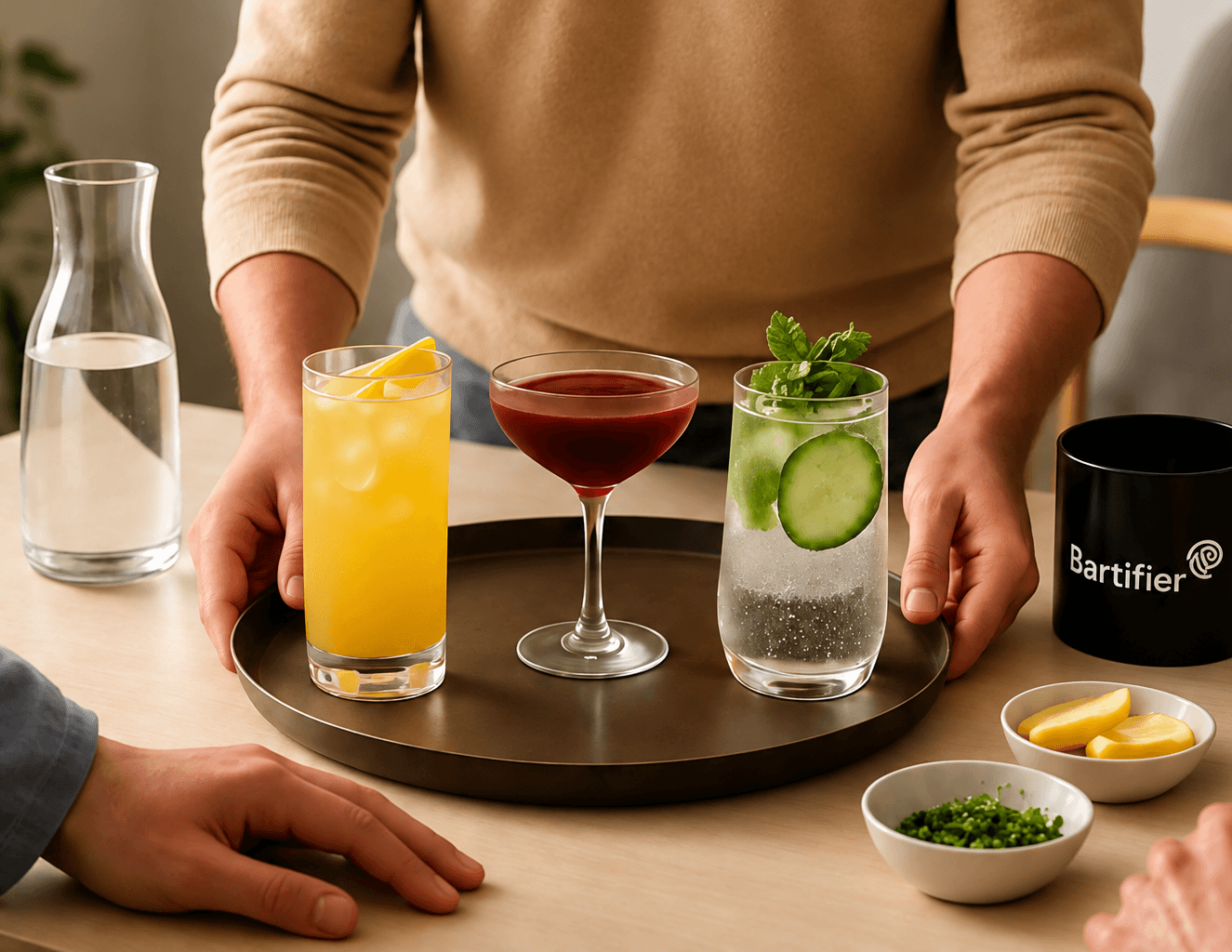 A host presenting several different drinks on a tray