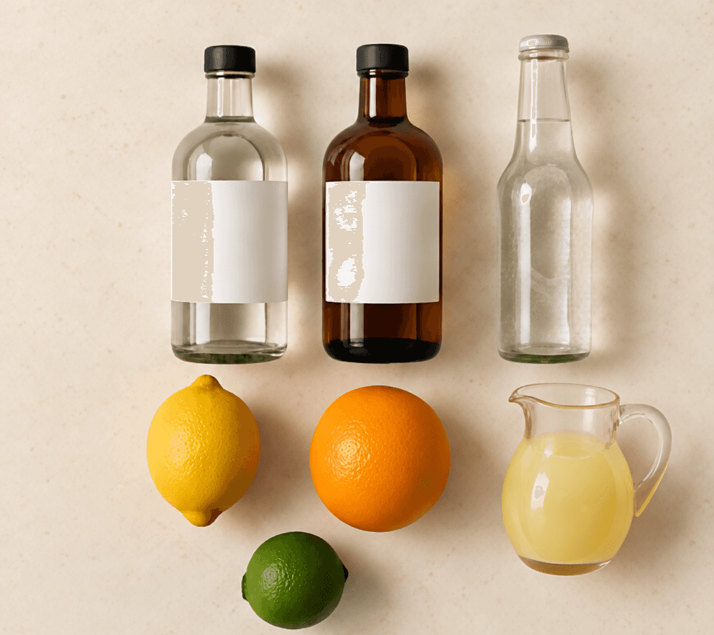 Bottles, citrus fruit and juice prepared for drink selection