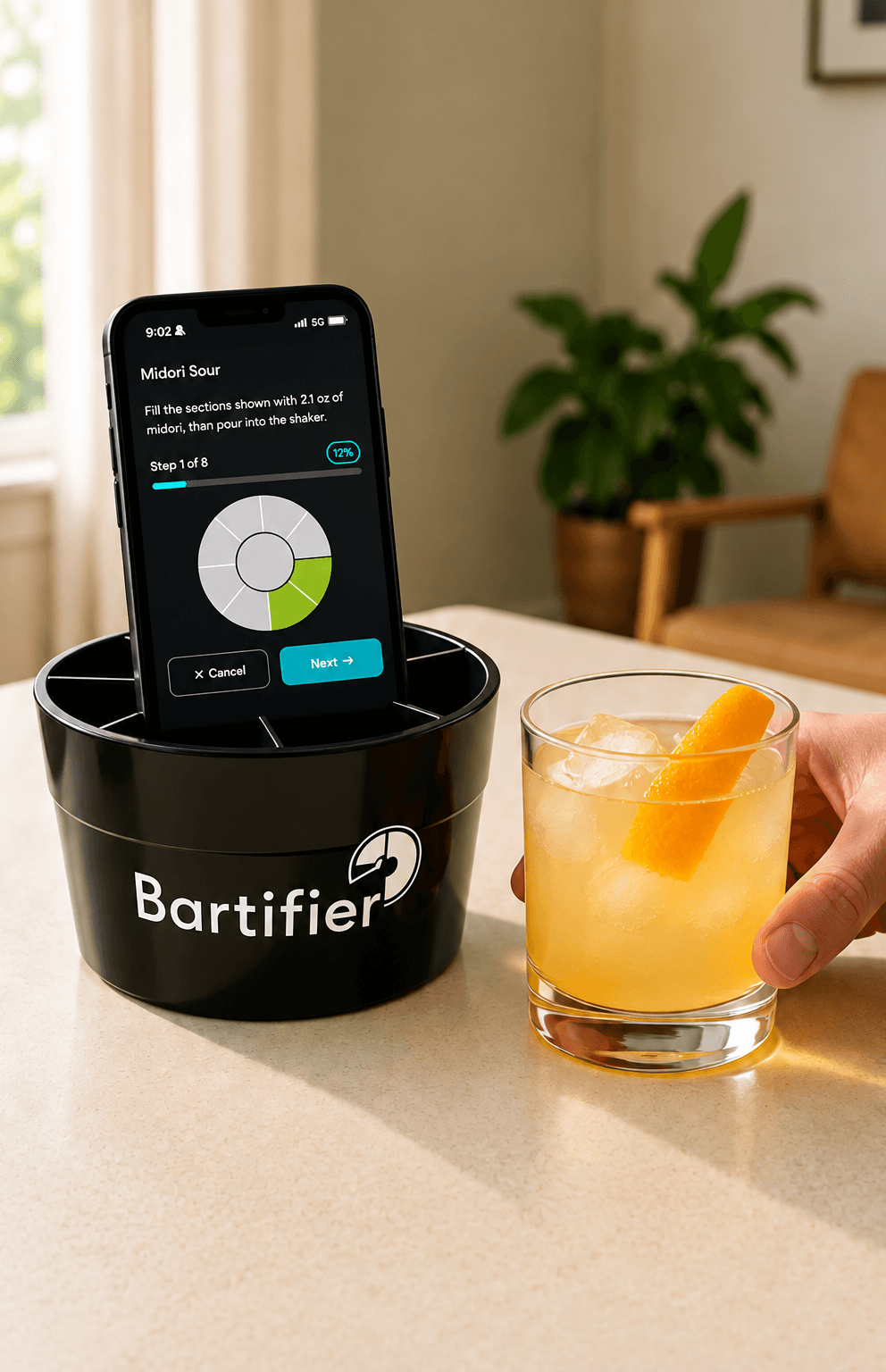 Bartifier, its guided app and a finished drink