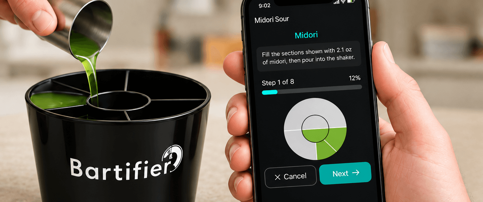 Bartifier beside a phone displaying a guided ingredient step