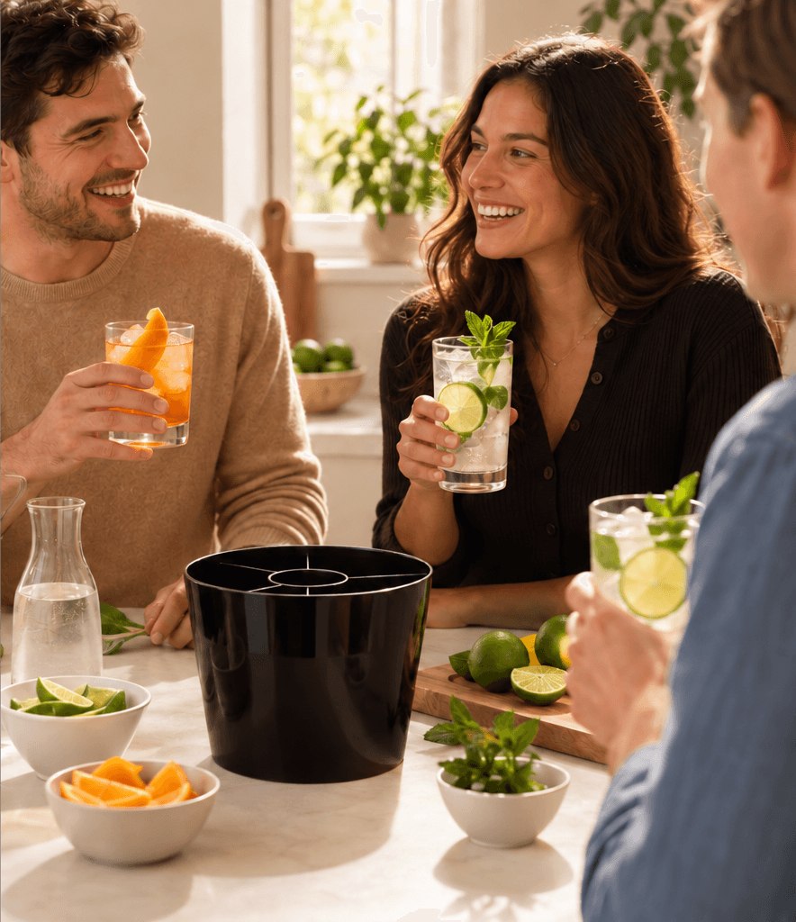 Friends serving cocktails and alcohol-free drinks while hosting at home