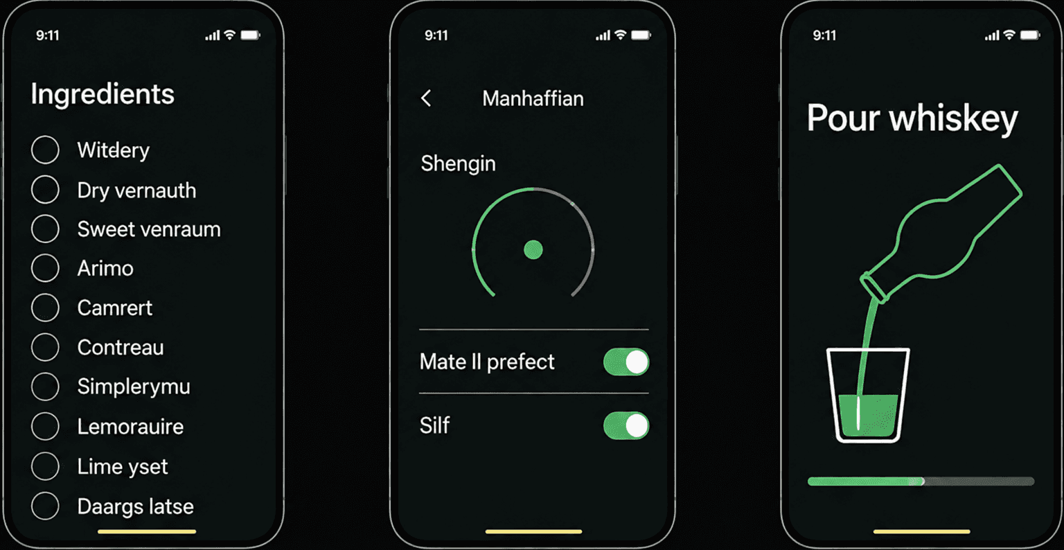 Three Bartifier app screens showing ingredients, drink choices and pouring guidance