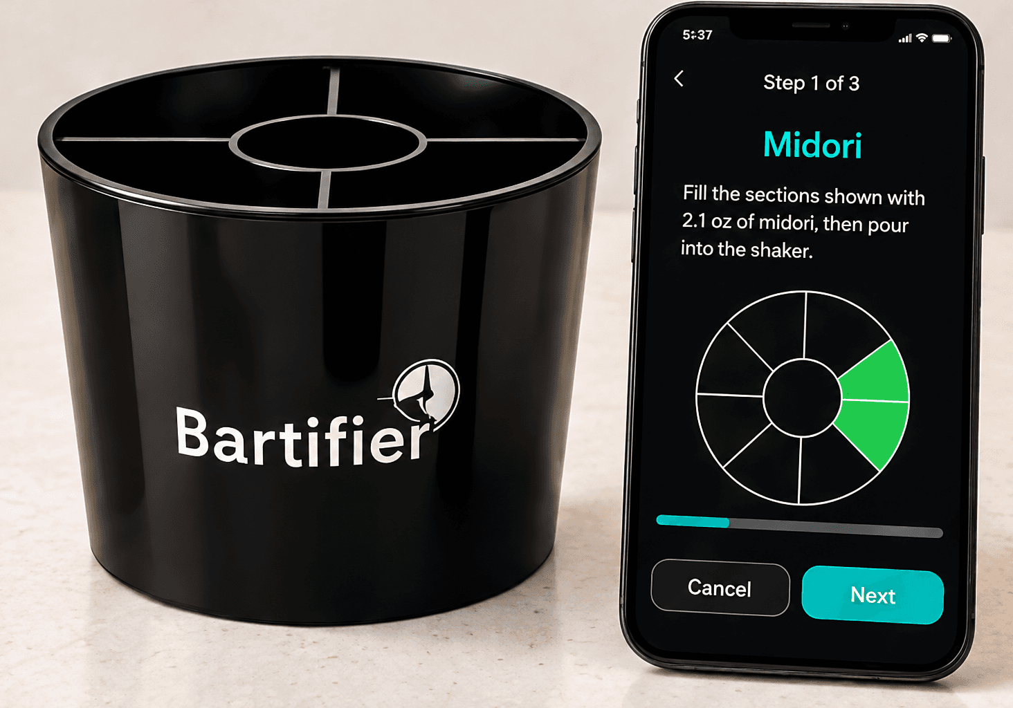 Bartifier device beside a phone displaying a visual measuring instruction