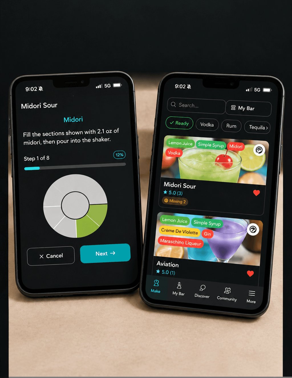 Two Bartifier app screens showing a measuring step and drink choices