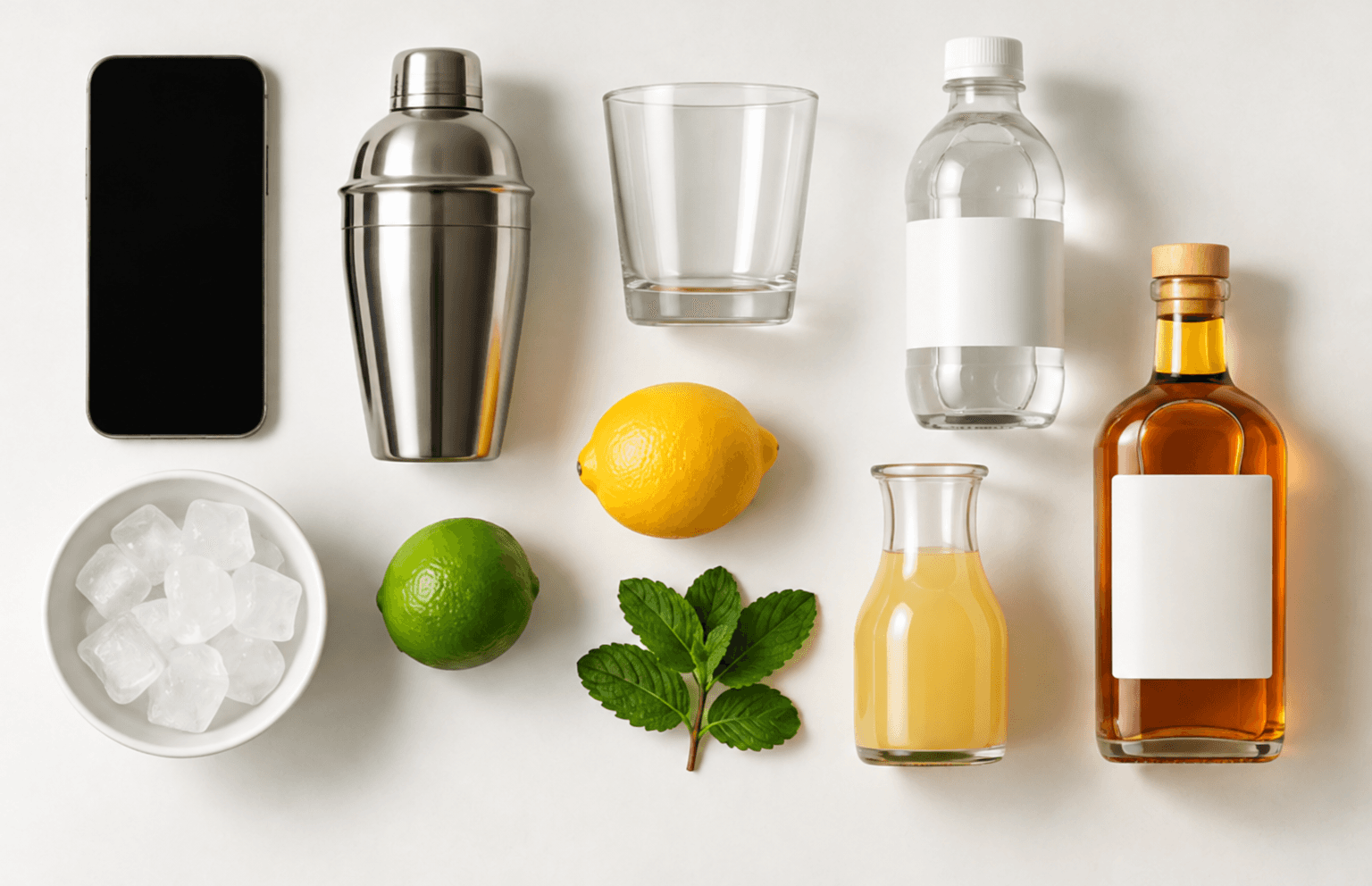 Phone, shaker, glass, ice, citrus, mint and drink ingredients laid out together