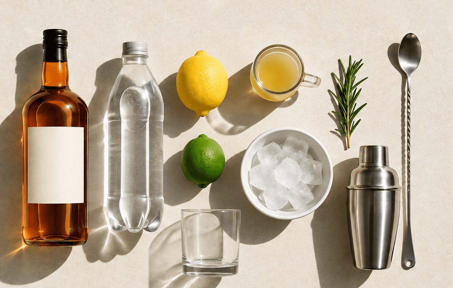 Bottle, citrus, ice, shaker and bar tools arranged on a counter
