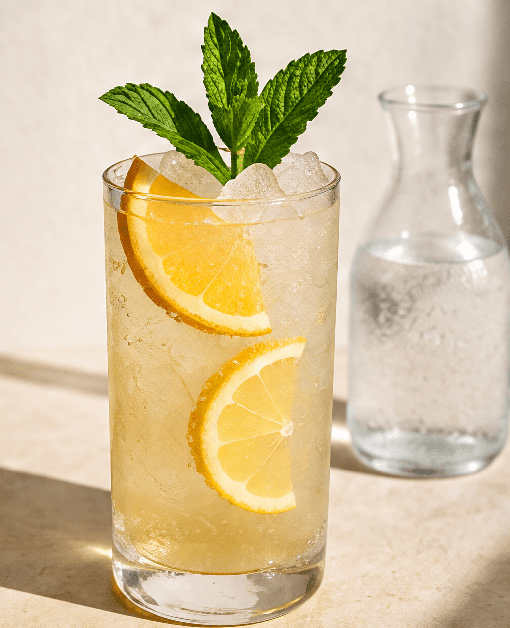 Tall citrus drink with mint beside a glass carafe