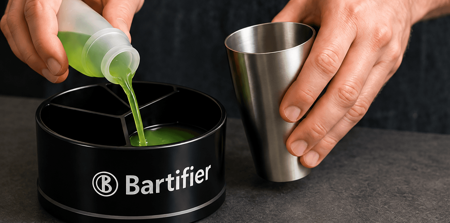 Bartifier being filled beside a metal mixing cup
